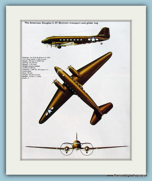 American Douglas C-47 Skytrain Transport & Glider Tug. Print (ref PR546)