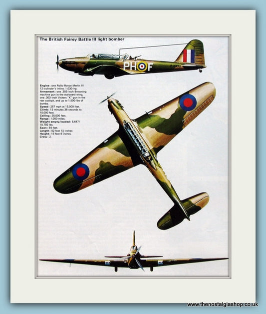 British Fairey Battle III Light Bomber. Print (ref PR536)