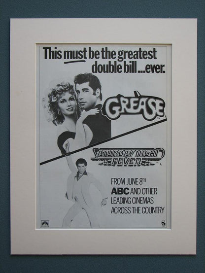 Grease & Saturday Night Fever. Set of 2 Adverts. John Travolta, Bee Gees (ref AD672)