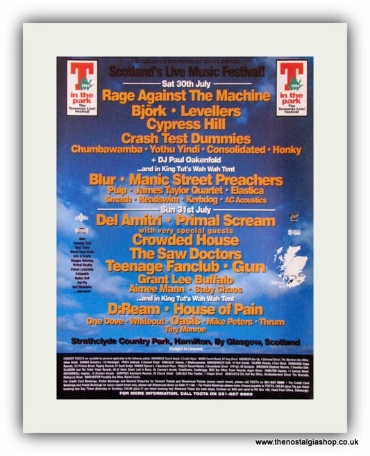 T In The Park 1994 Event Advert. Bjork, Blur, Manics, (ref AD1824)