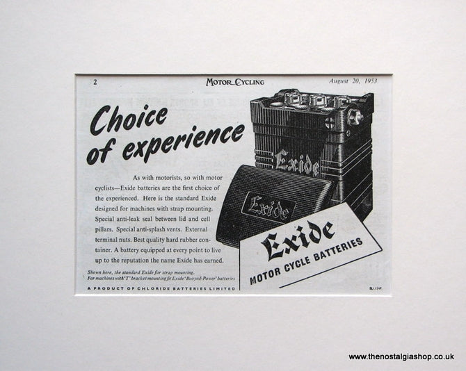 Exide Motorcycle Battery 1953 Original advert (ref AD1598)
