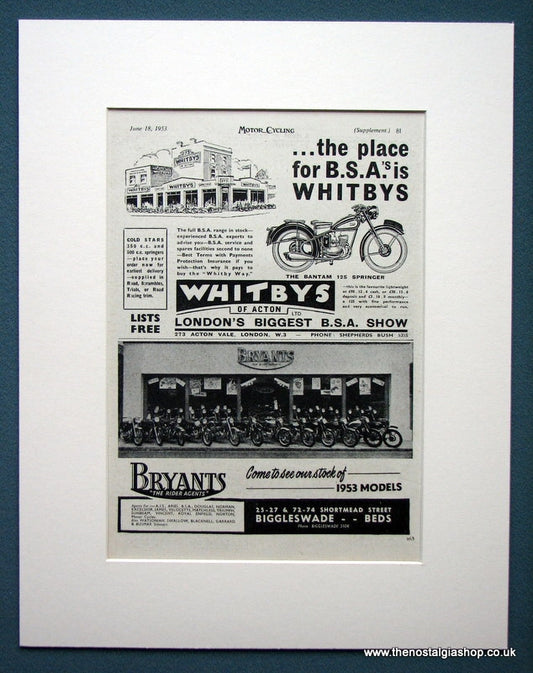 Whitbys & Bryants Motorbike Dealers. Original advert 1953 (ref Ad1307)