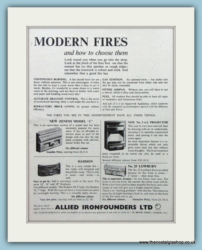 Allied Ironfounders Fires Original Advert 1953 (ref AD4314)