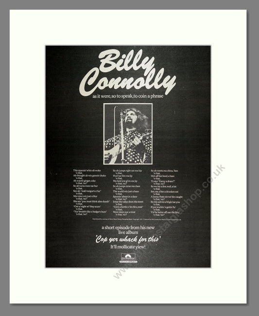 Billy Connolly - As it Were, So to Speak. Vintage Advert 1974 (ref AD16168)