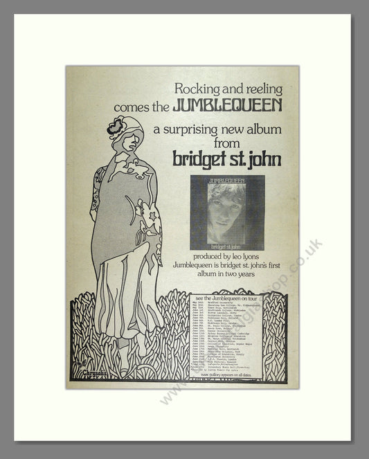 Bridget St John - Jumblequeen UK Tour. Vintage Advert 1974 (ref AD16175)