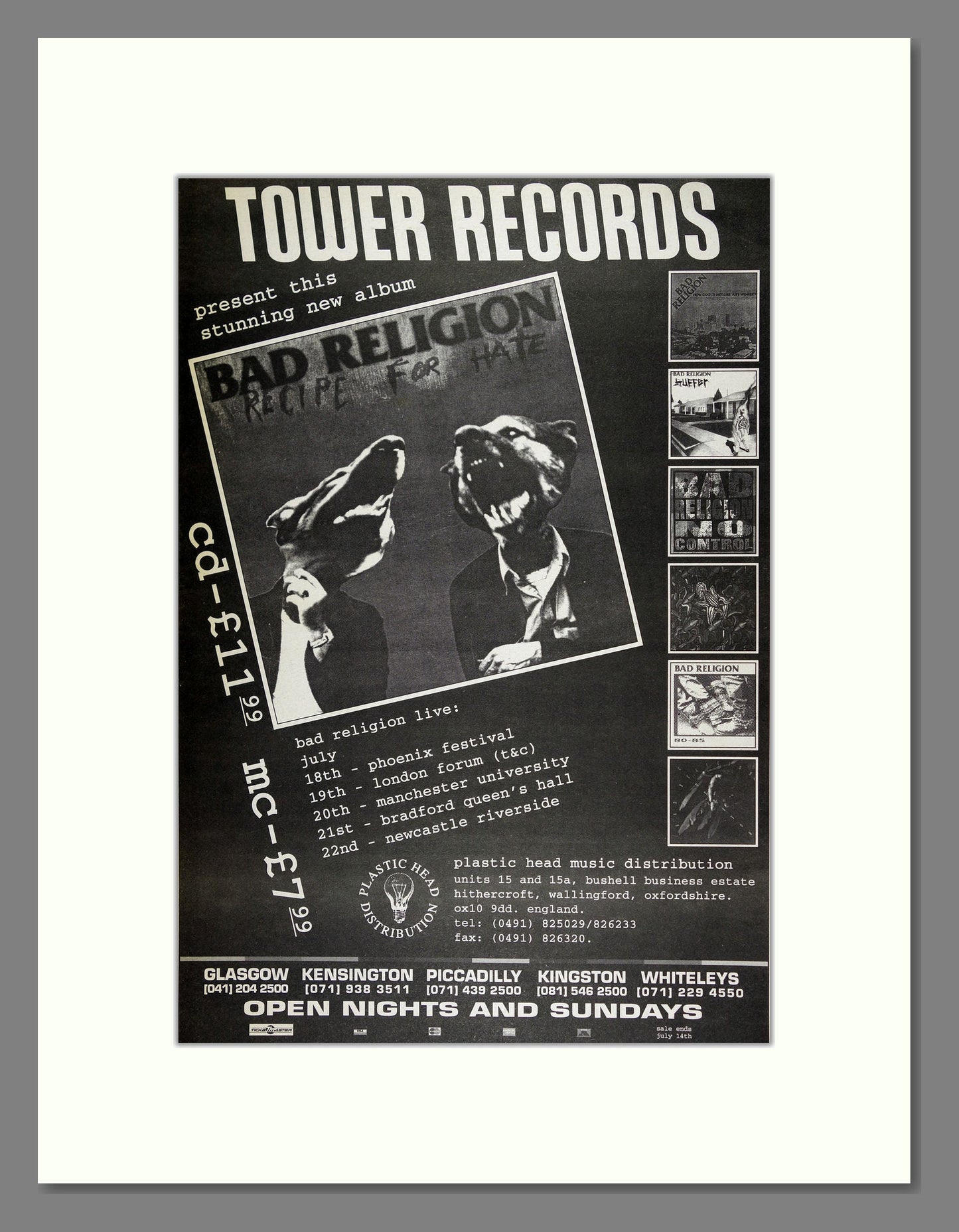 Bad Religion - Recipe for Hate UK Tour. Vintage Advert 1983 (ref AD16177)
