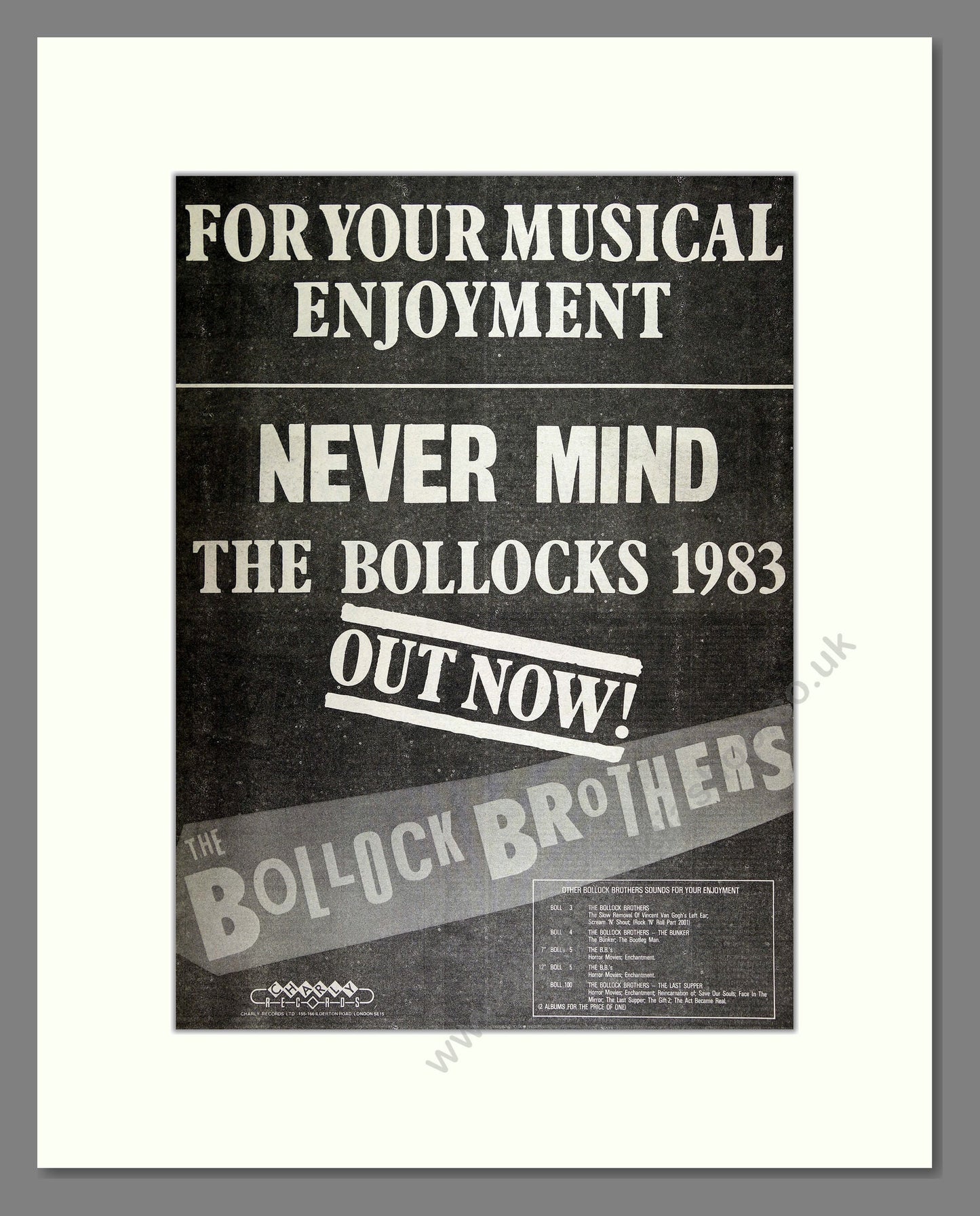 Bollock Brothers (The) - Never Mind The Bollocks 1983. Vintage Advert 1983 (ref AD16230)