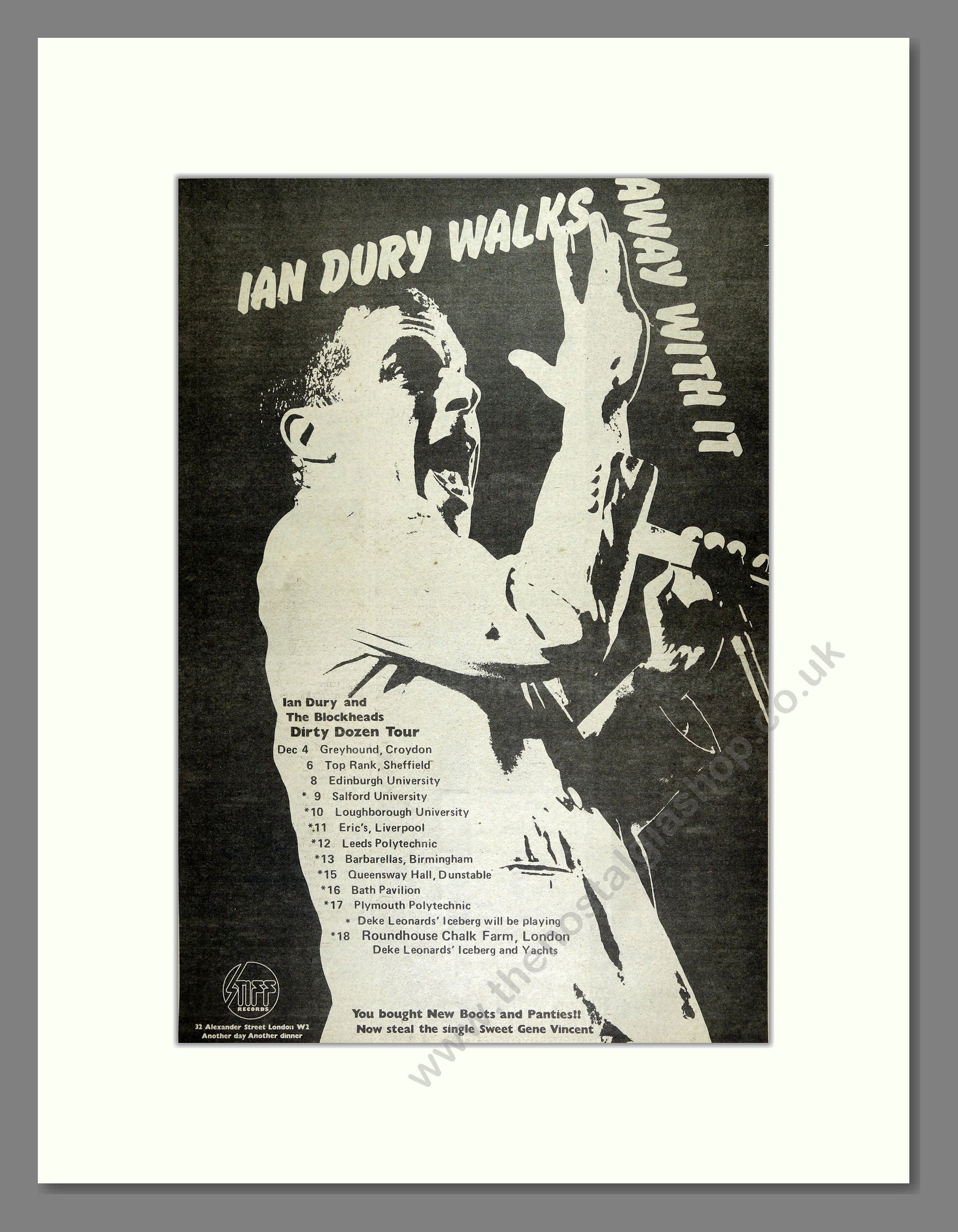 Ian Dury - Walks Away With It UK Tour. Vintage Advert 1977 (ref AD16447)