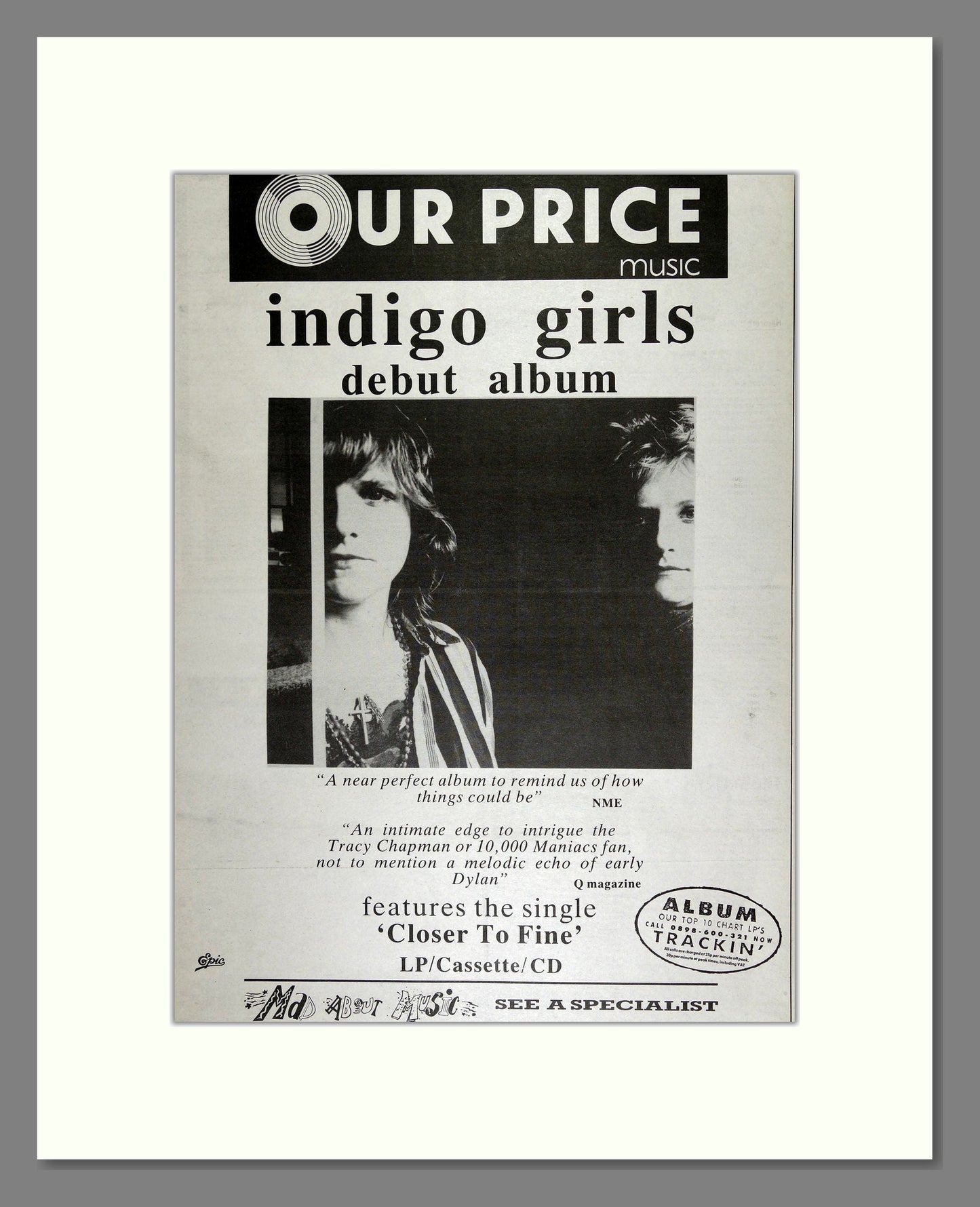 Indigo Girls - Debut Album. Vintage Advert 1989 (ref AD16448)