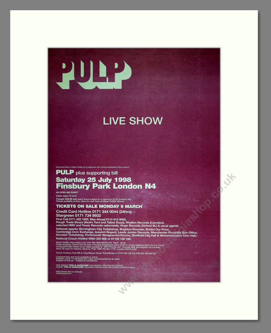 Pulp - Live Finsbury Park. Vintage Advert 1998 (ref AD16603)