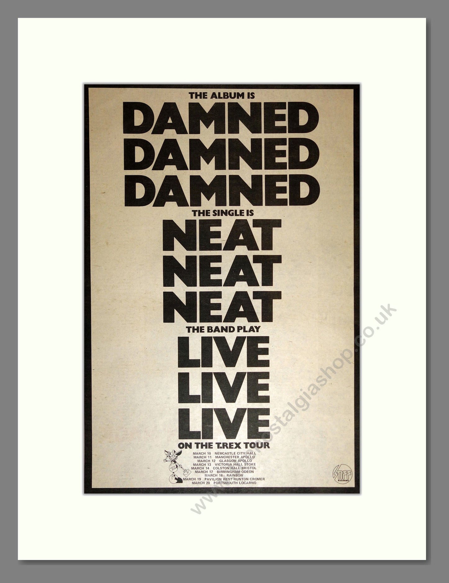 Damned (The) - Neat Live UK Tour with T-Rex. Vintage Advert 1977 (ref AD17206)