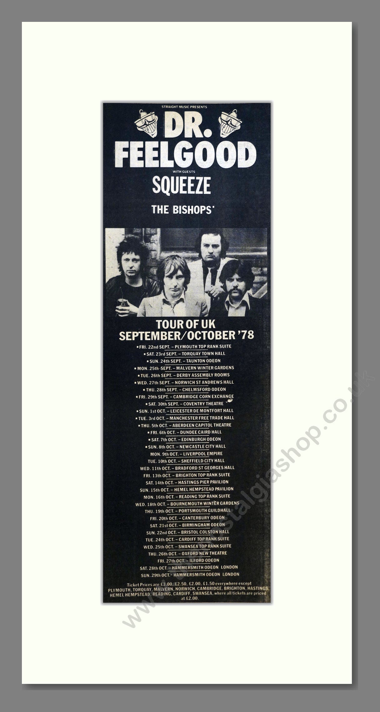 Dr Feelgood UK Tour With Squeeze. Vintage Advert 1978 (ref AD201032