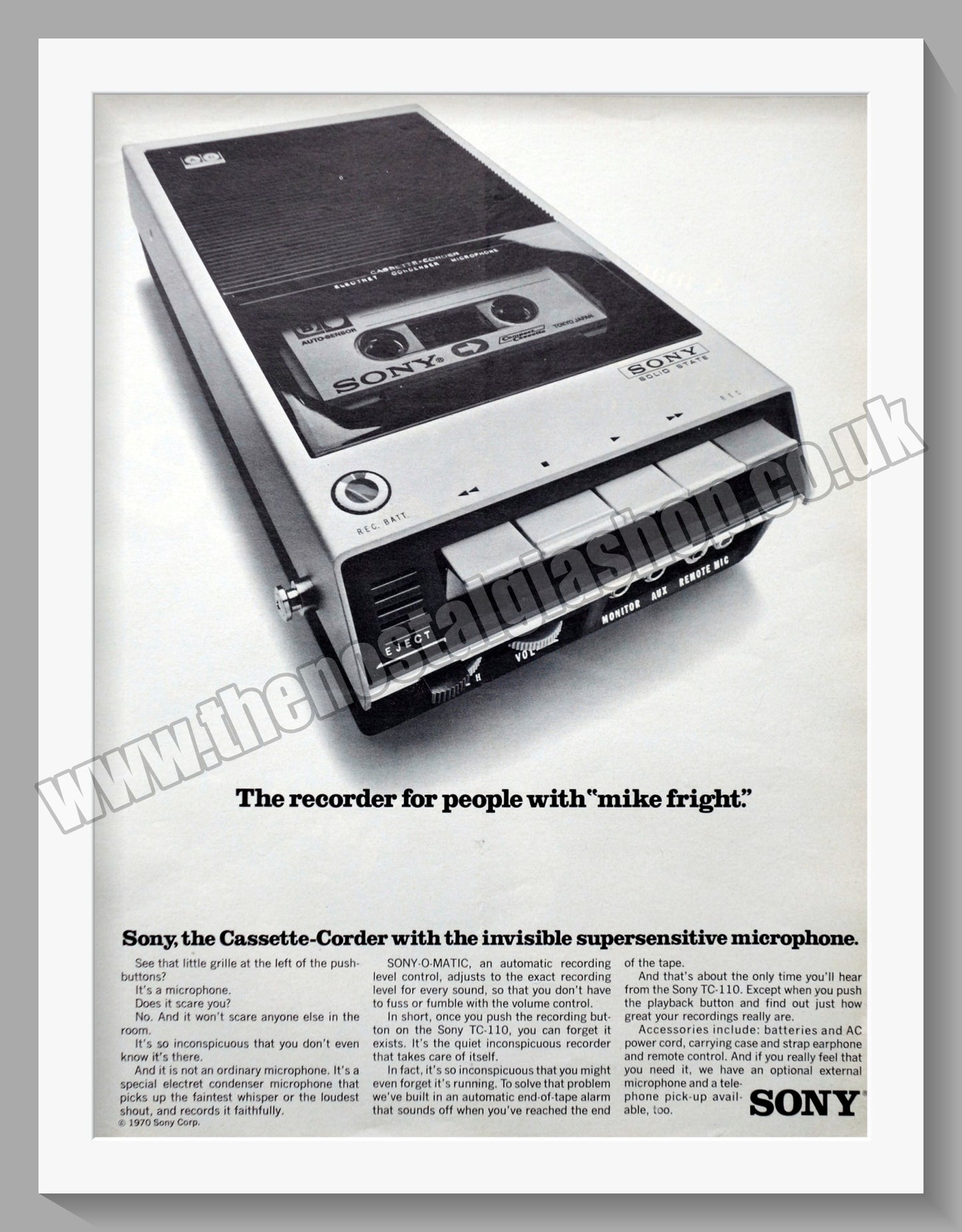 Sony Cassette Corder. Original Advert 1970 (ref AD300566)