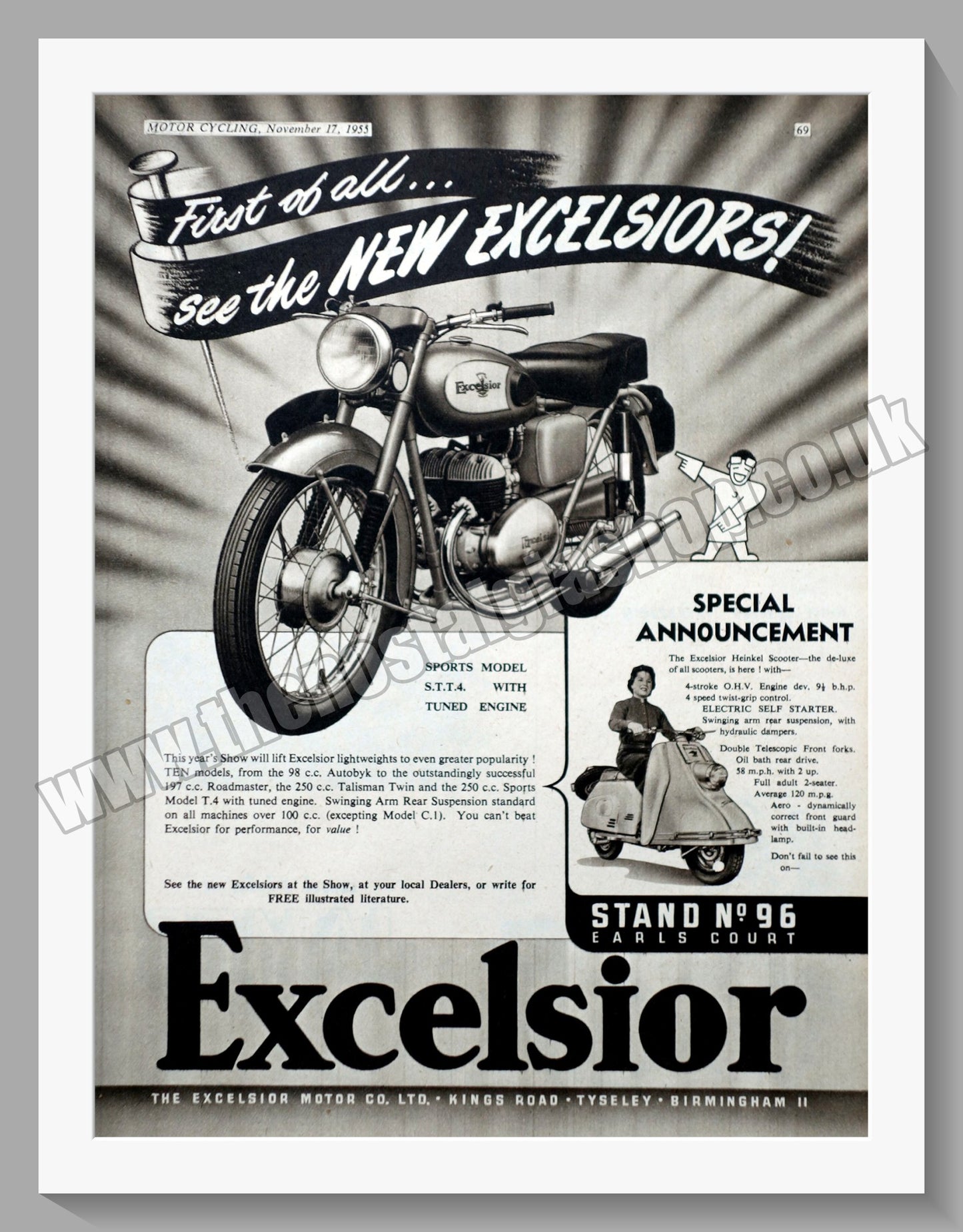 Excelsior Sports Model S.T.T.4. Motorcycle. Original Advert 1955 (ref AD56552)