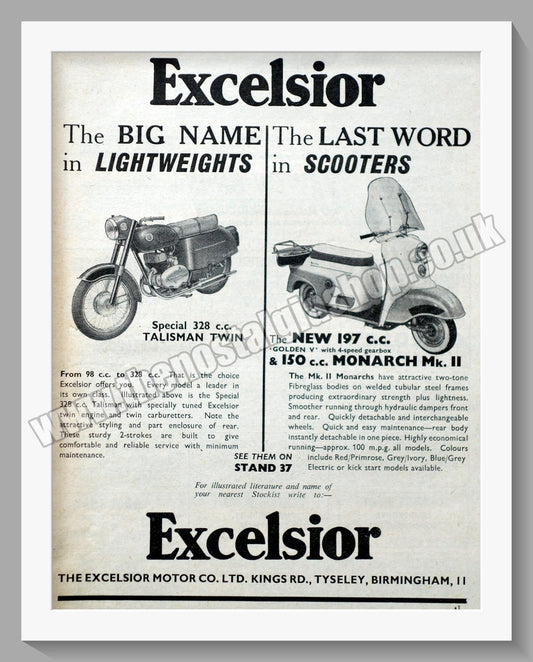 Excelsior Talisman Twin Motorcycle & Monarch Mk II Scooter. Original Advert 1960 (ref AD56556)