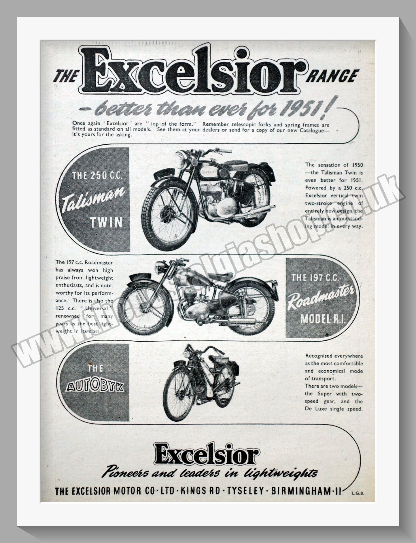 Excelsior Motorcycles Range. Original Advert 1950 (ref AD56558)