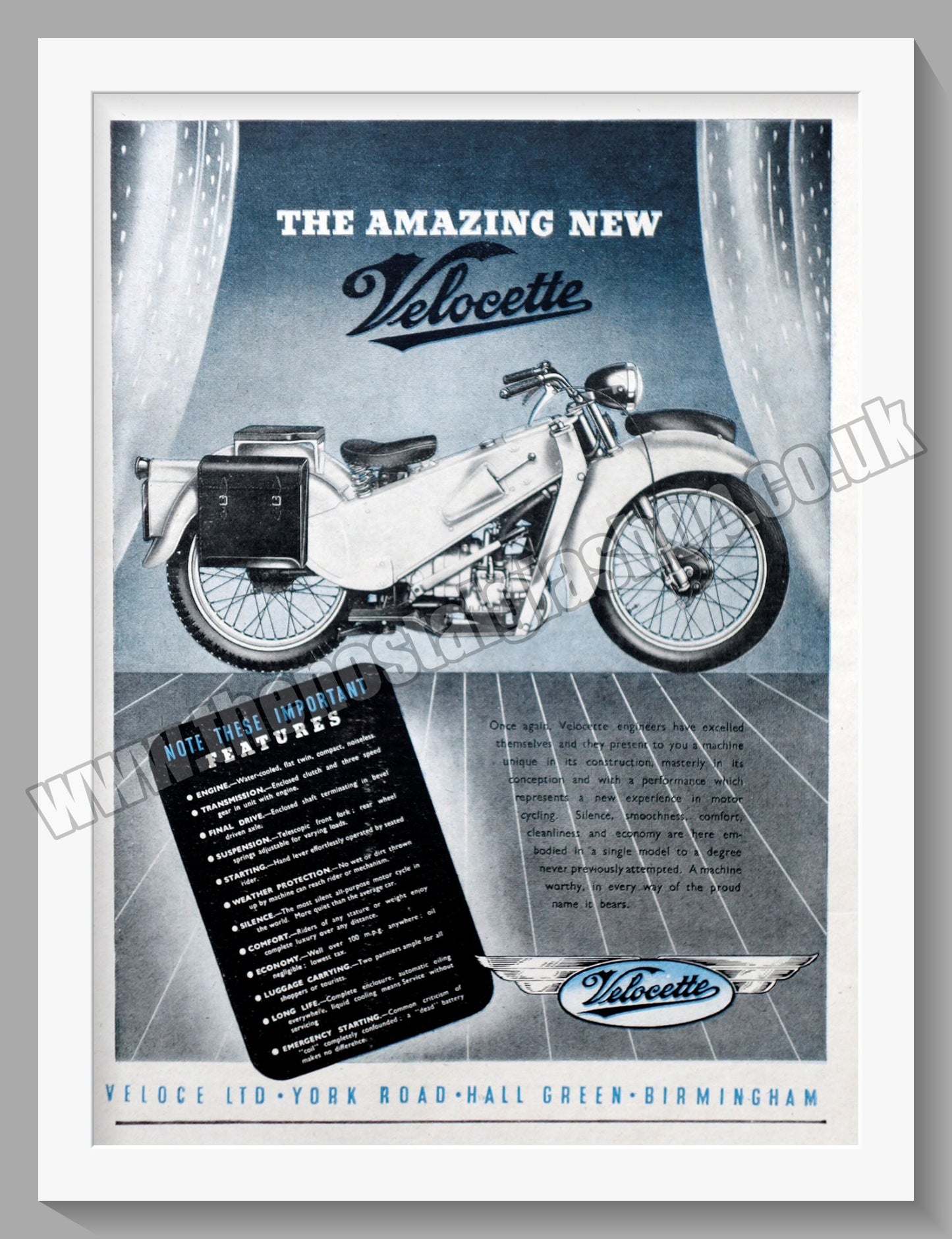 Velocette Silent L.E. Motorcycle. Original Advert 1948 (ref AD56573)