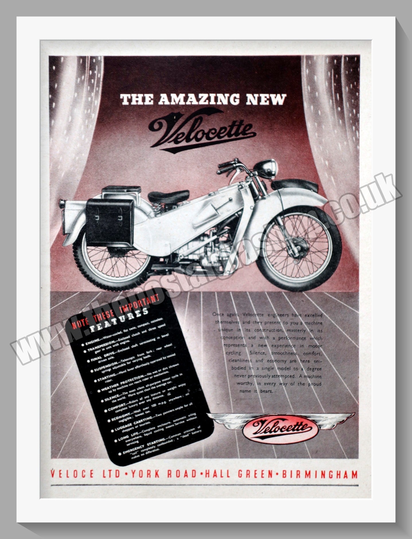 Velocette Silent L.E. Motorcycle. Original Advert 1948 (ref AD56574)