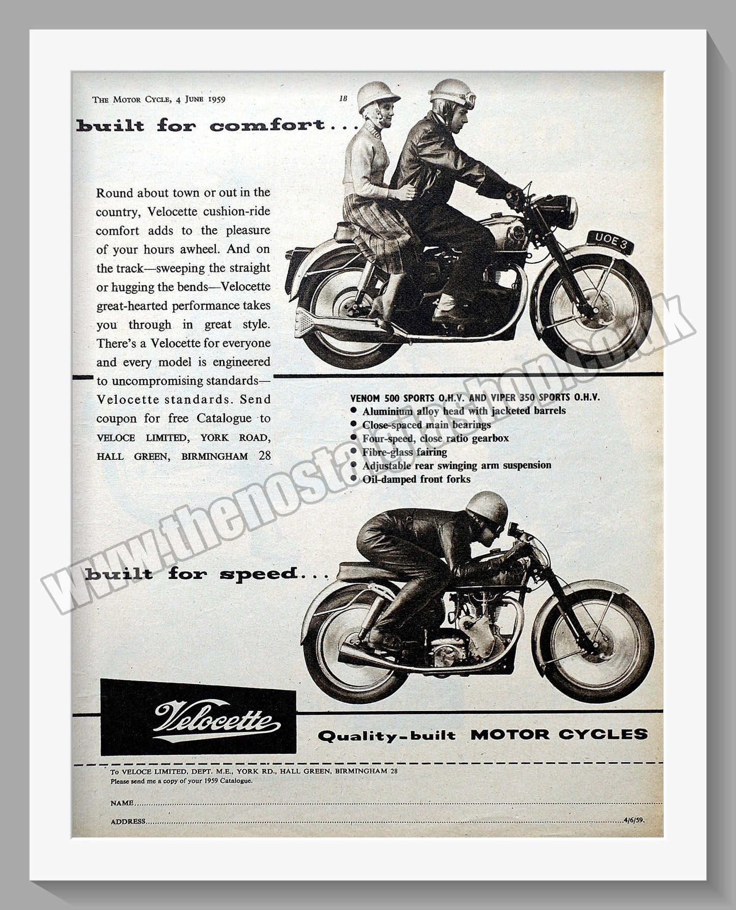 Velocette Venom and Viper Motorcycles. Original Advert 1959 (ref AD56597)