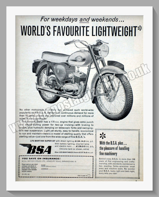 BSA Bantam Super D7 Motorcycle. Original Advert 1963 (ref AD56607)