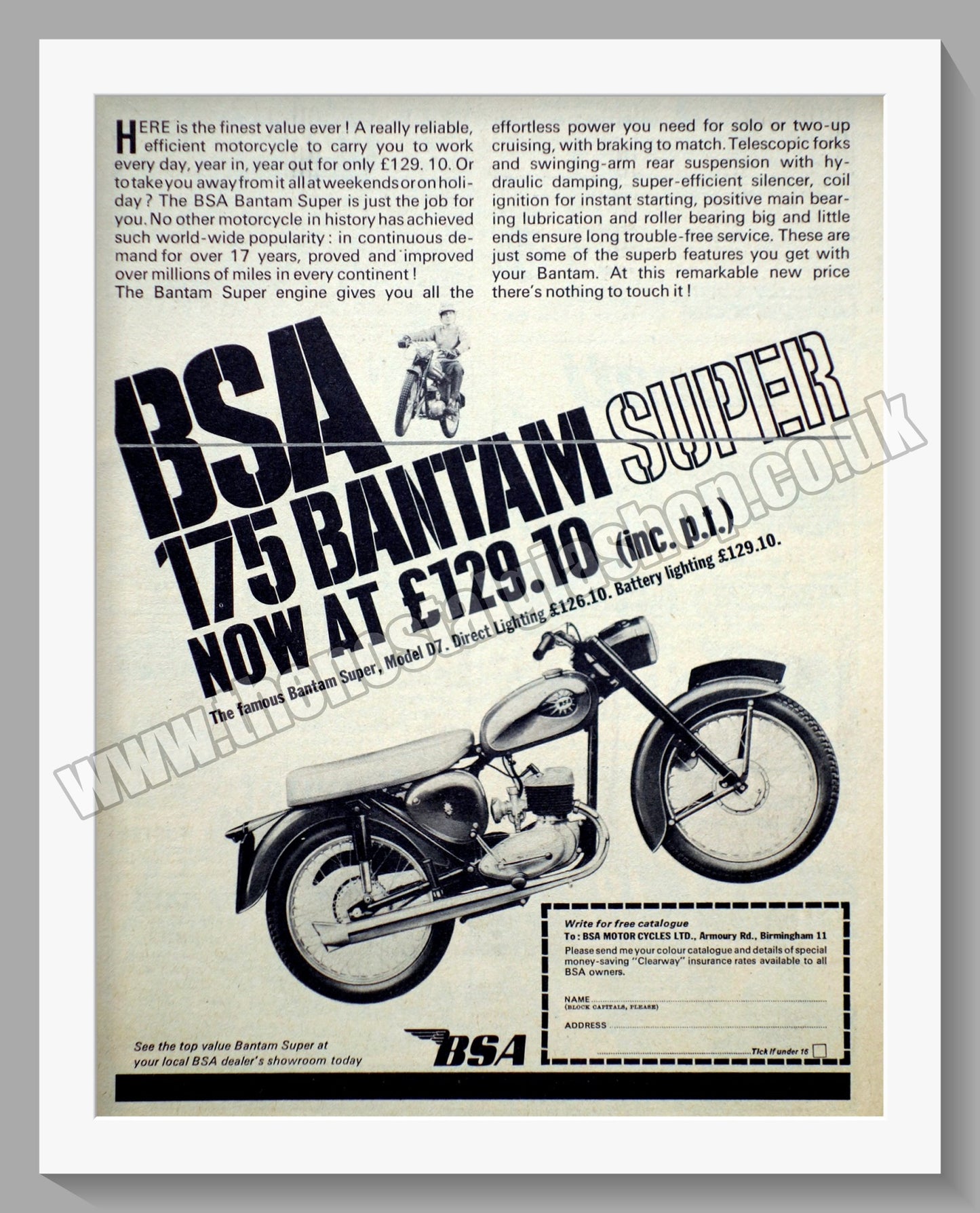 BSA 175 Bantam Super Motorcycle. Original Advert 1965 (ref AD56610)