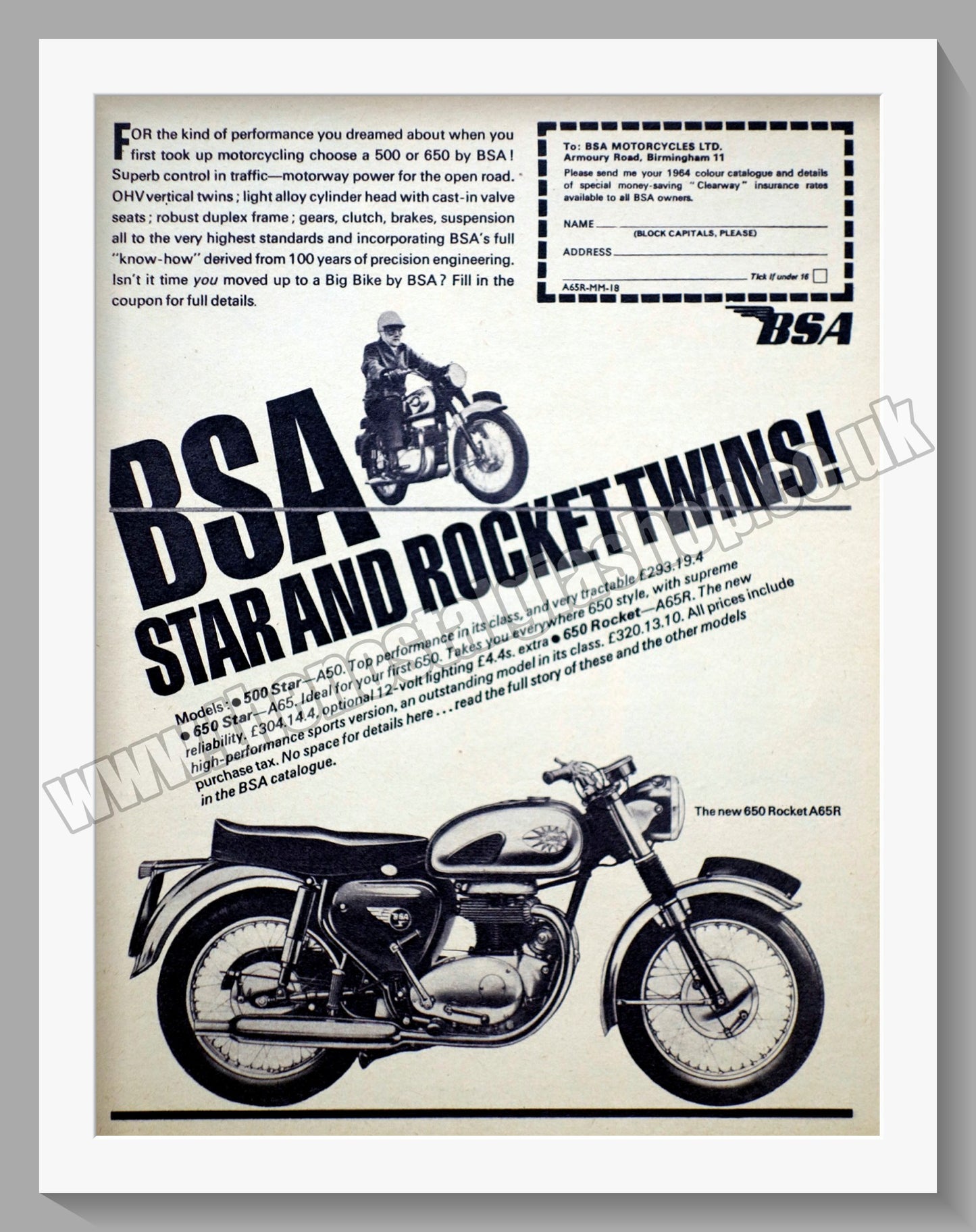 BSA Star and Rocket Twins Motorcycles. Original Advert 1964 (ref AD56611)