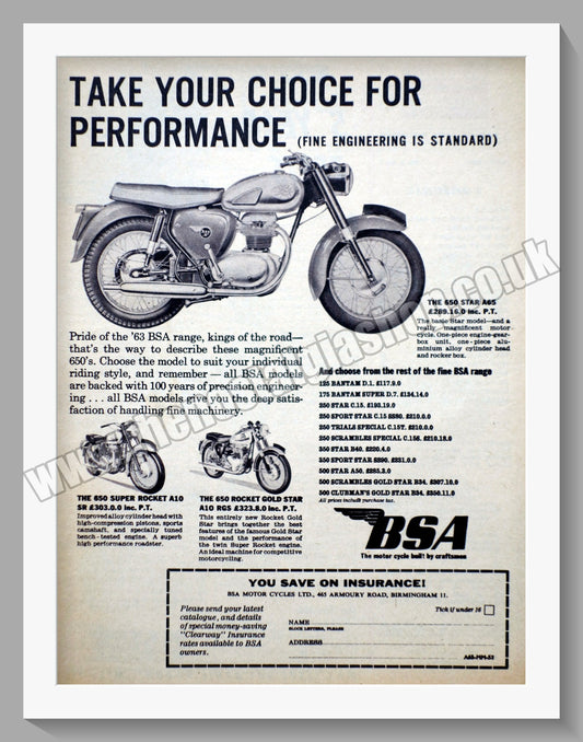 BSA Motorcycle Performance Range. Original Advert 1963 (ref AD56616)