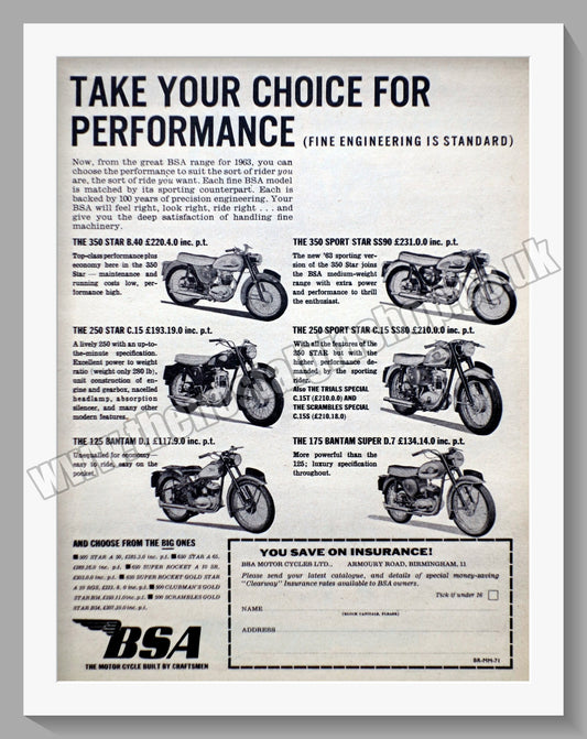 BSA Motorcycle Performance Range. Original Advert 1963 (ref AD56617)
