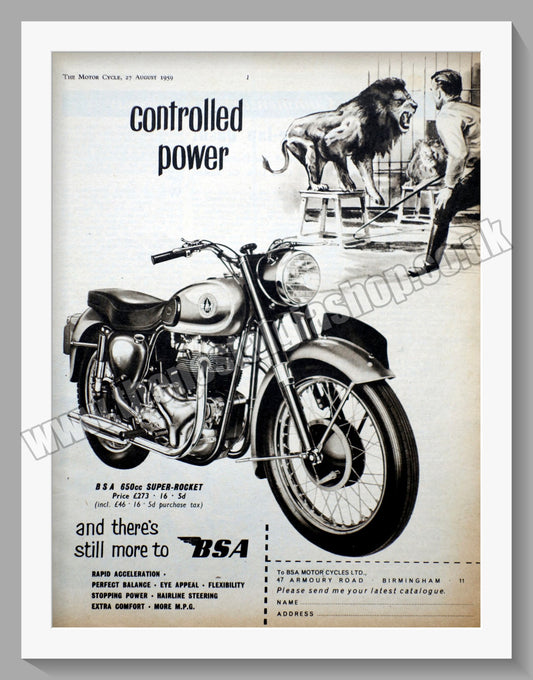 BSA 650 Super Rocket Motorcycle. Original Advert 1959 (ref AD56627)