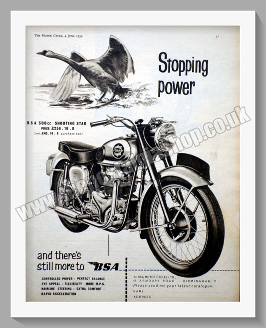 BSA 500 Shooting Star Motorcycle. Original Advert 1959 (ref AD56629)