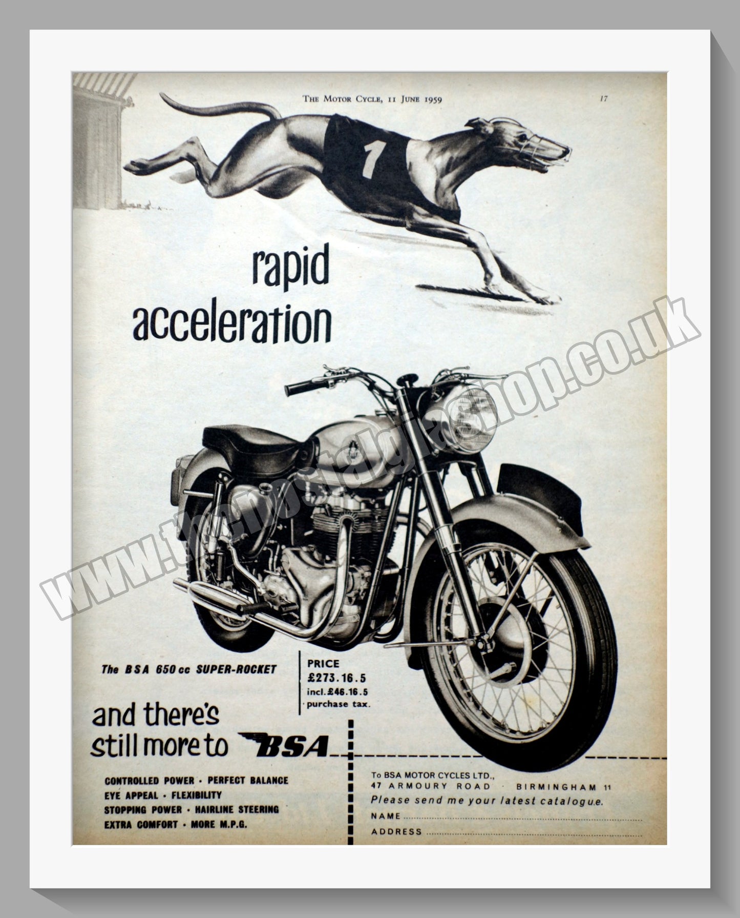 BSA 650cc Super Rocket Motorcycle. Original Advert 1959 (ref AD56633)