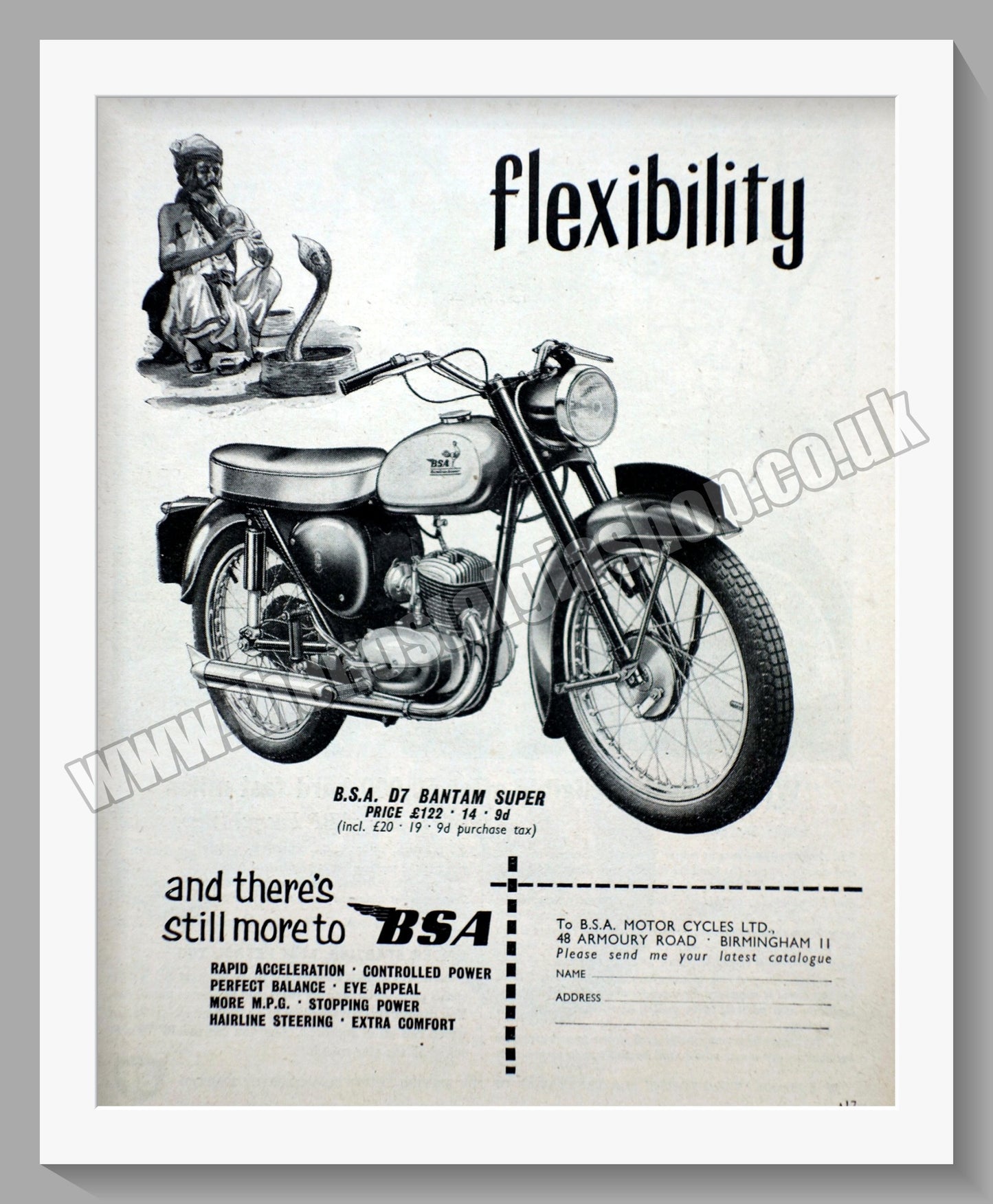 BSA D7 Bantam Super Motorcycle. Original Advert 1959 (ref AD56636)