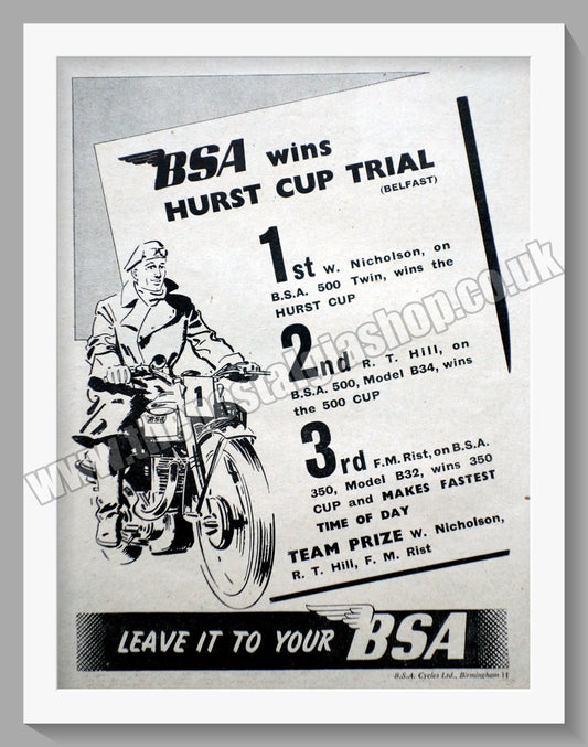 BSA Wins Hurst Cup Trial. Original Advert 1948 (ref AD56642)