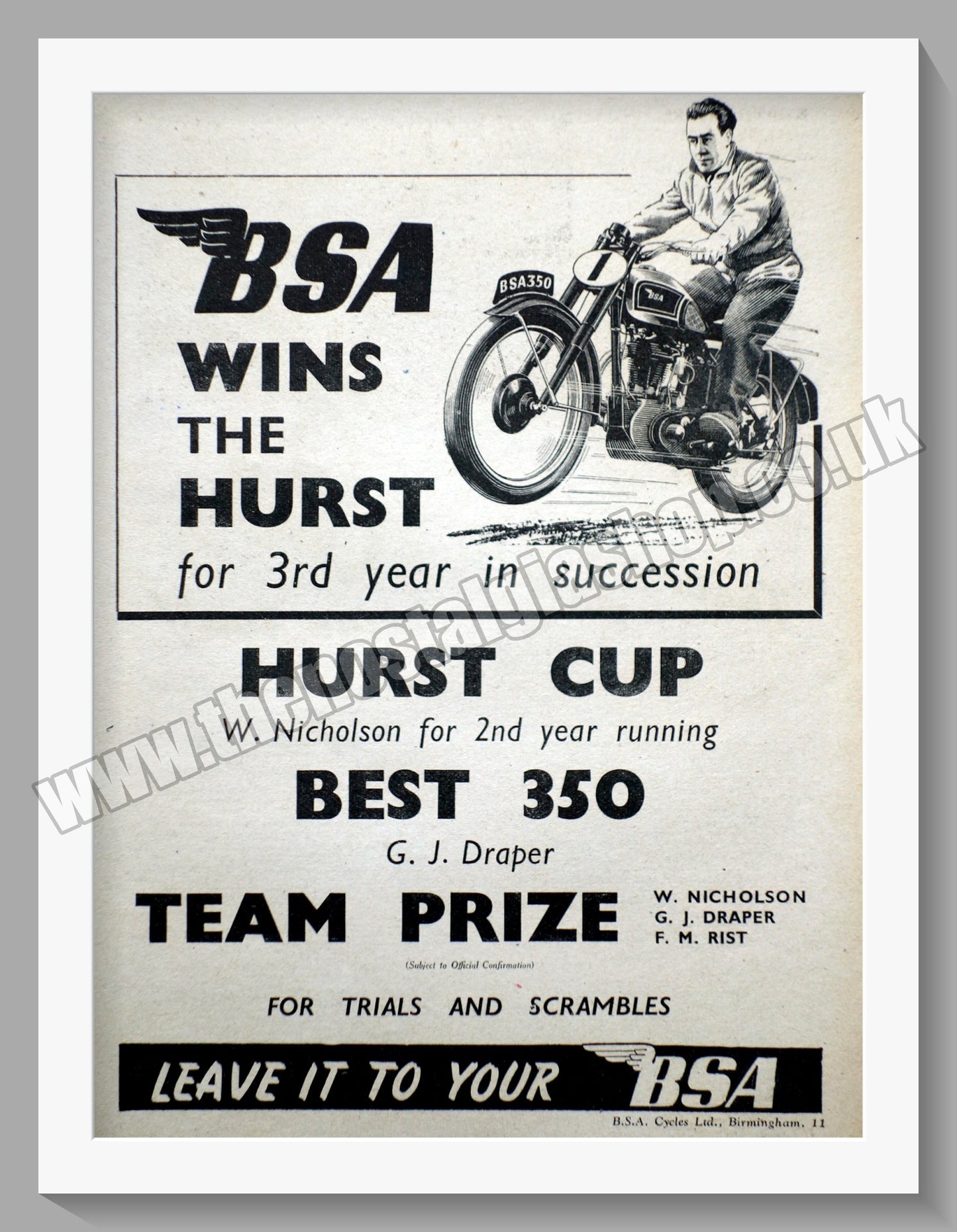 BSA Wins Hurst Cup Trial 3 Years Running. Original Advert 1949 (ref AD56643)