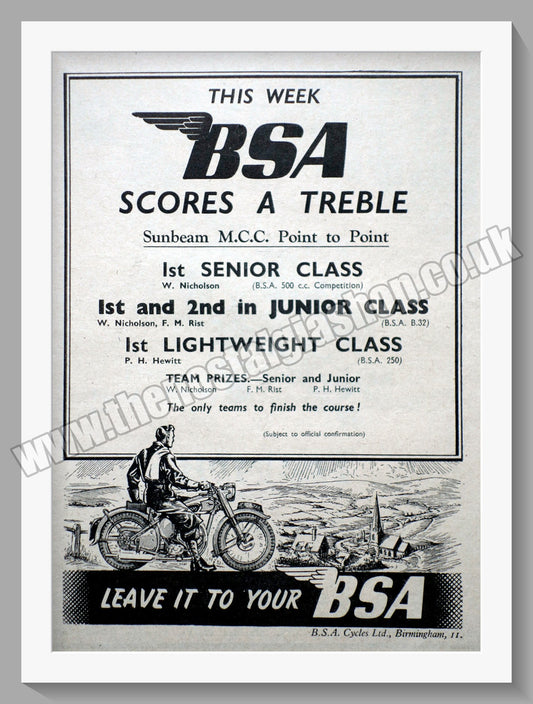 BSA Scores a Treble. Sunbeam M.C.C. Point to Point. Original Advert 1947 (ref AD56645)
