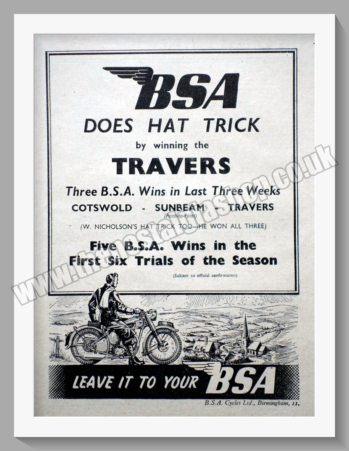 BSA Does a Hat Trick by Winning The Travers. Original Advert 1947 (ref AD56646)