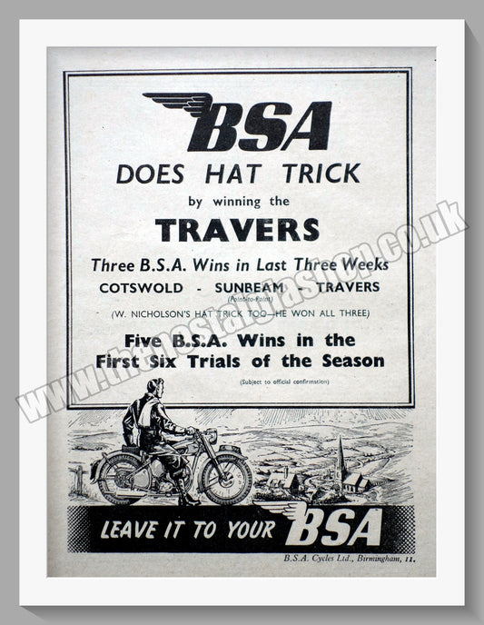BSA Does a Hat Trick by Winning The Travers. Original Advert 1947 (ref AD56646)