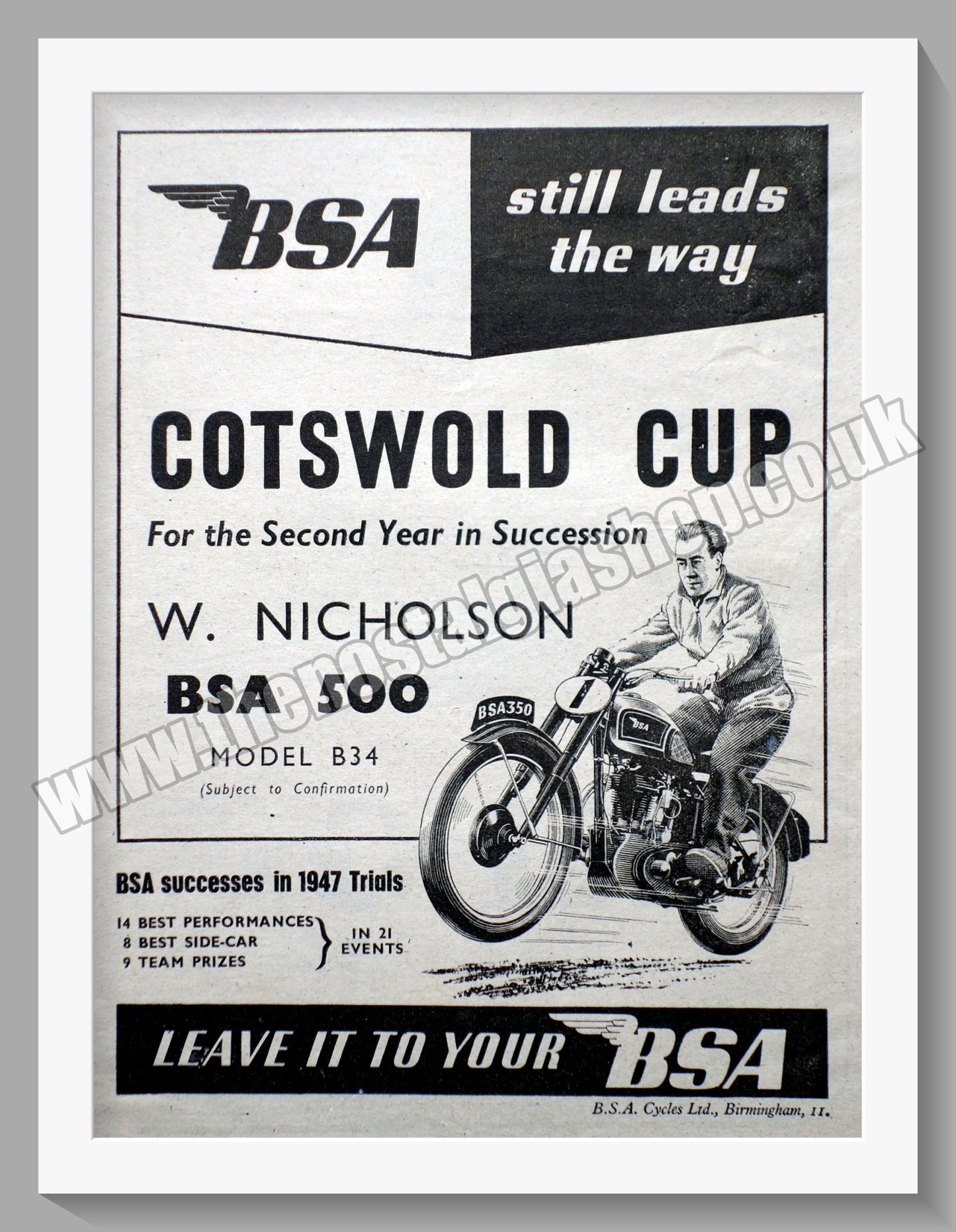 BSA Wins The Cotswold Cup. Original Advert 1948 (ref AD56648)