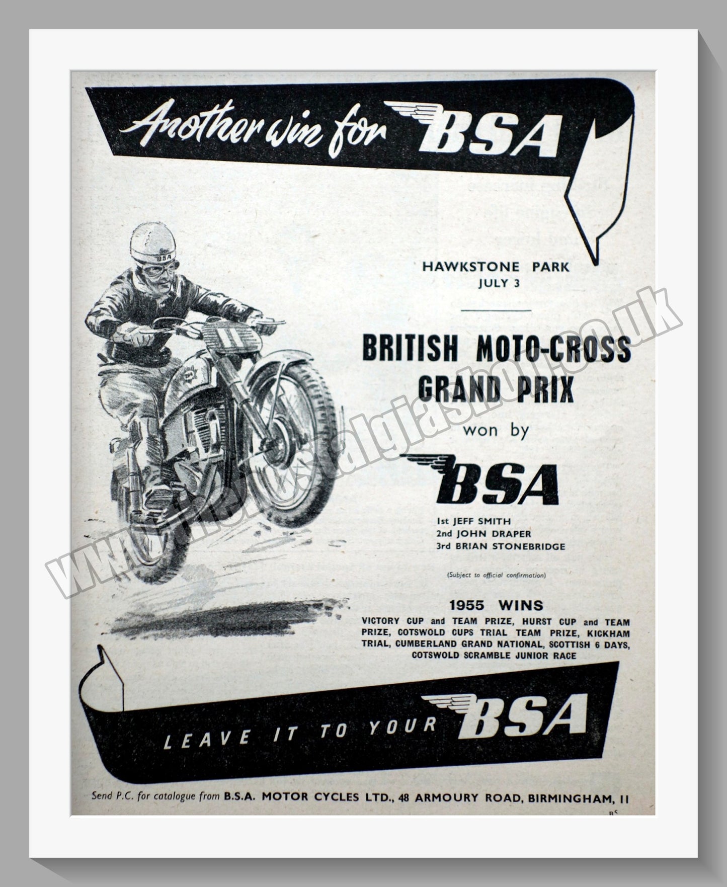 BSA Wins British Moto-cross Grand Prix. Original Advert 1955 (ref AD56654)
