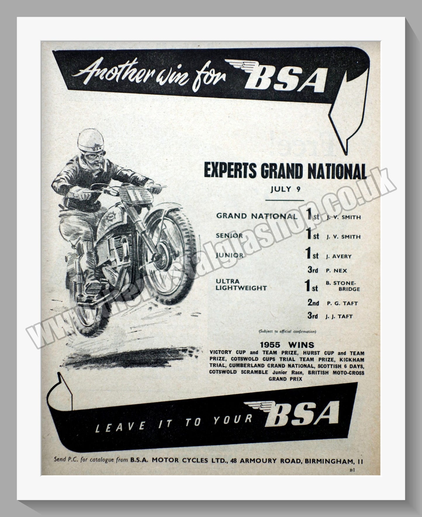 BSA Wins Experts Grand National. Original Advert 1955 (ref AD56655)