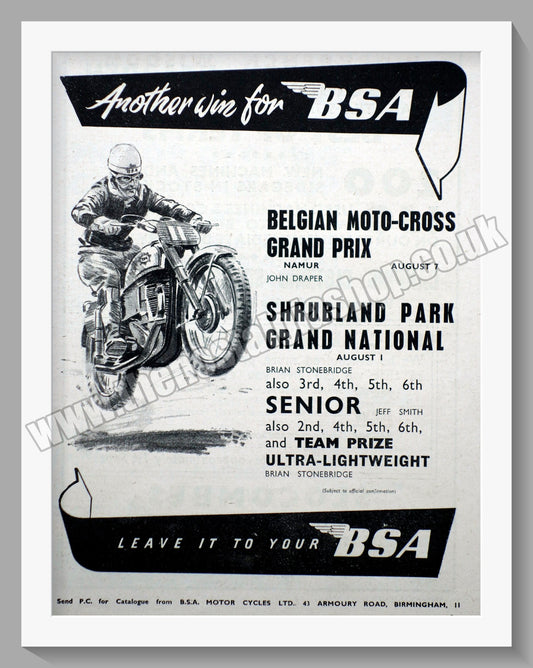 BSA Wins Belgian Moto-cross Grand Prix. Original Advert 1955 (ref AD56656)