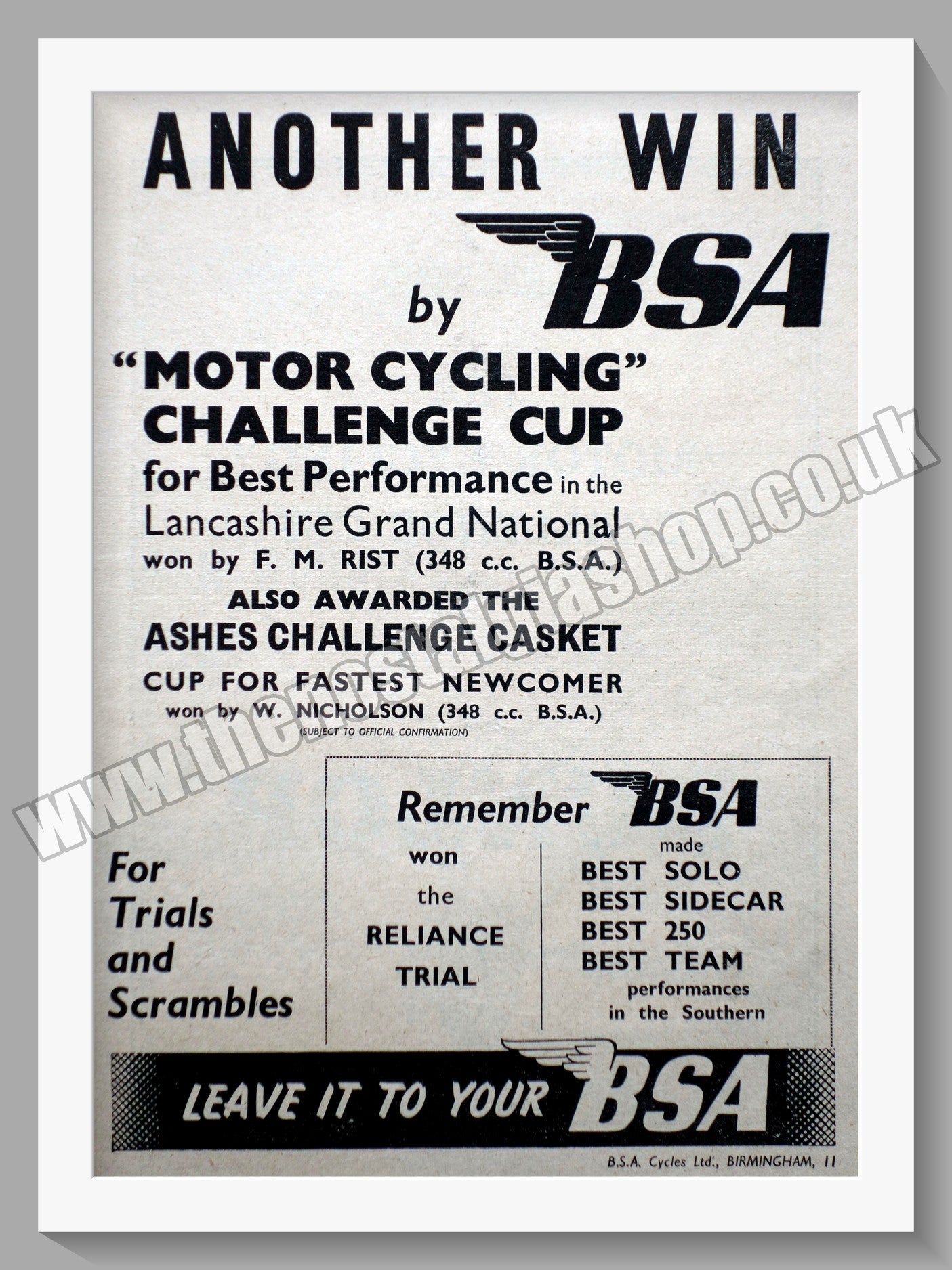 BSA Wins Motor Cycling Challenge Cup. Original Advert 1946 (ref AD56657)