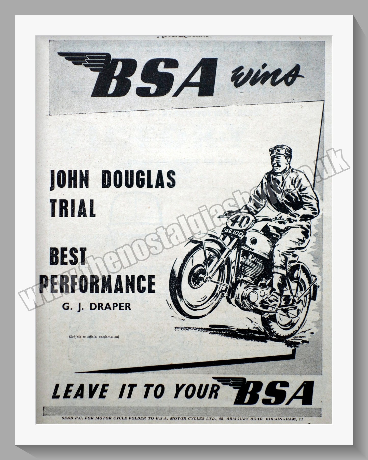 BSA Wins John Douglas Trial. Original Advert 1954 (ref AD56658)