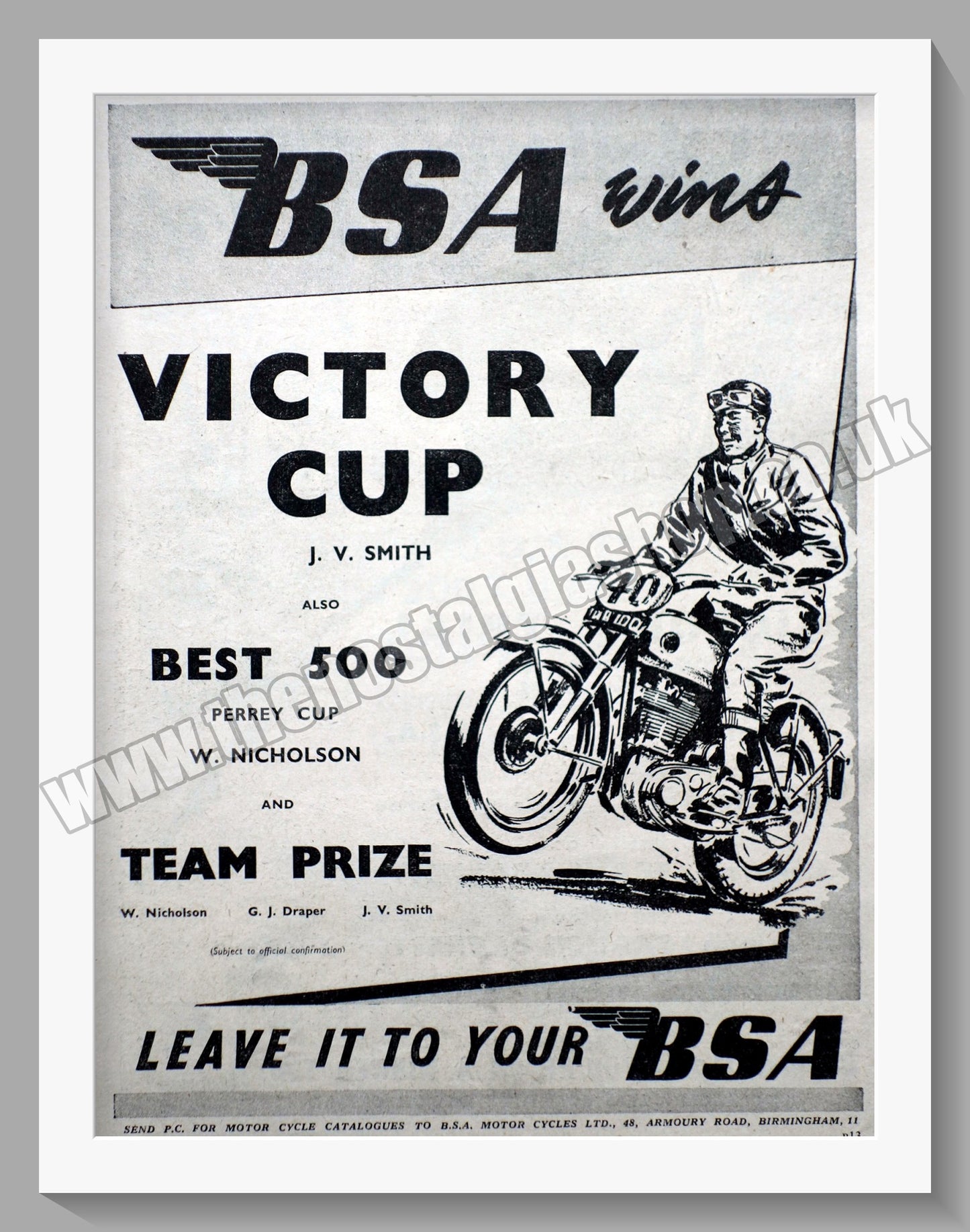 BSA Wins Victory Cup. Original Advert 1954 (ref AD56659)