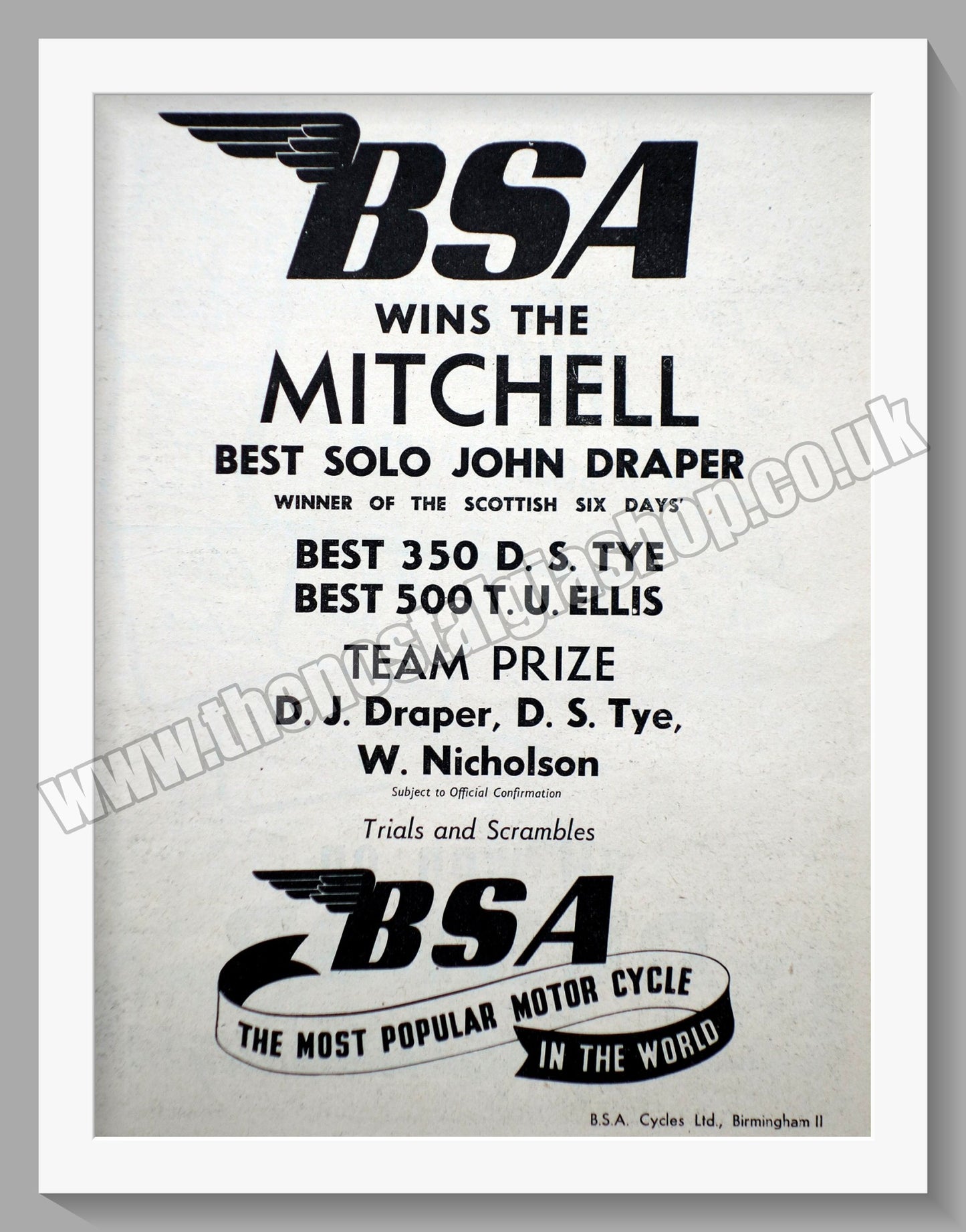 BSA Wins The Mitchell. Original Advert 1951 (ref AD56660)