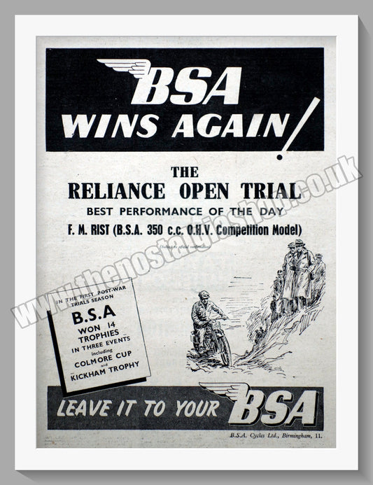 BSA Wins Reliance Open Trial. Original Advert 1946 (ref AD56662)
