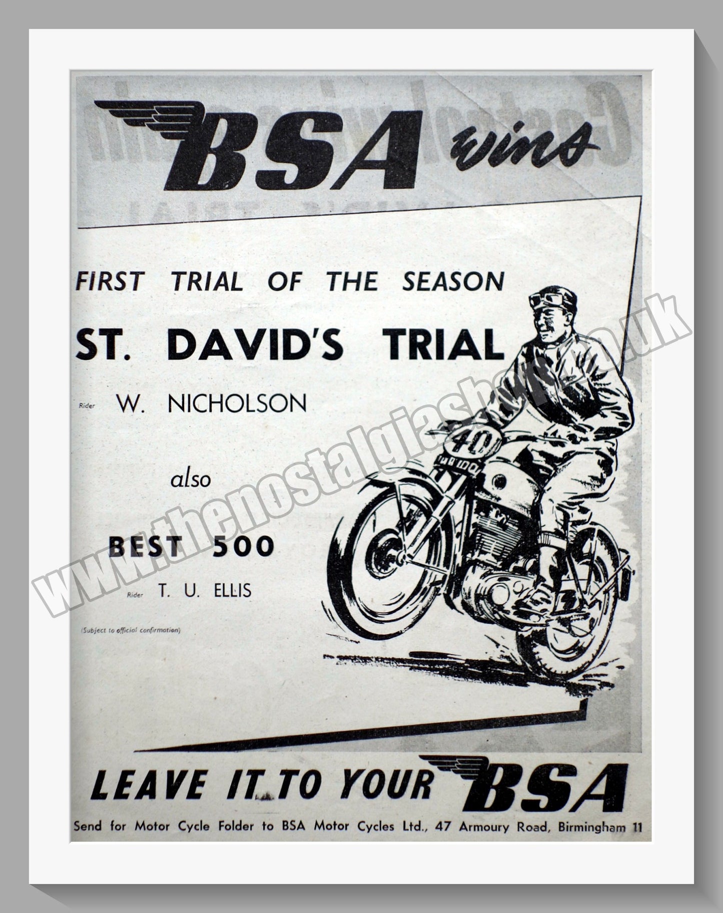 BSA Wins St. David's Trial. Original Advert 1954 (ref AD56661)