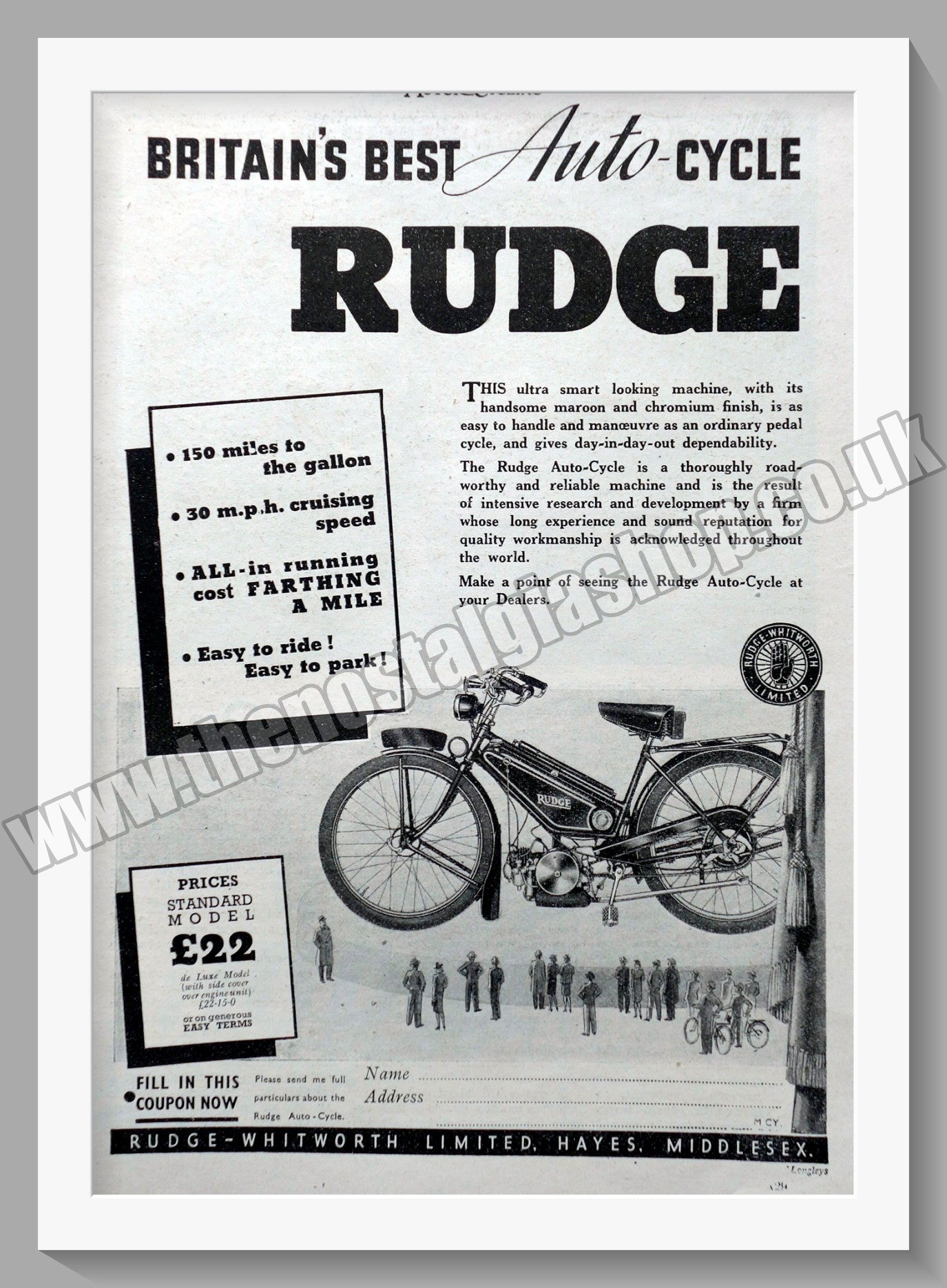 Rudge Auto-Cycle. Original Advert 1940 (ref AD56663)
