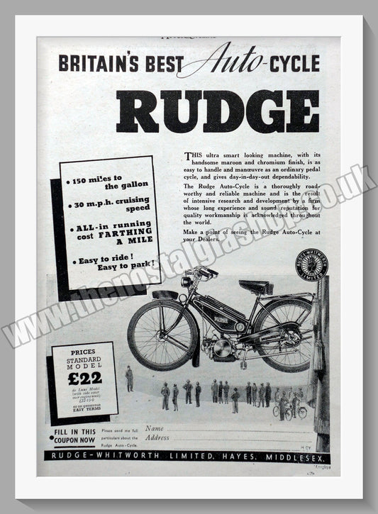 Rudge Auto-Cycle. Original Advert 1940 (ref AD56663)