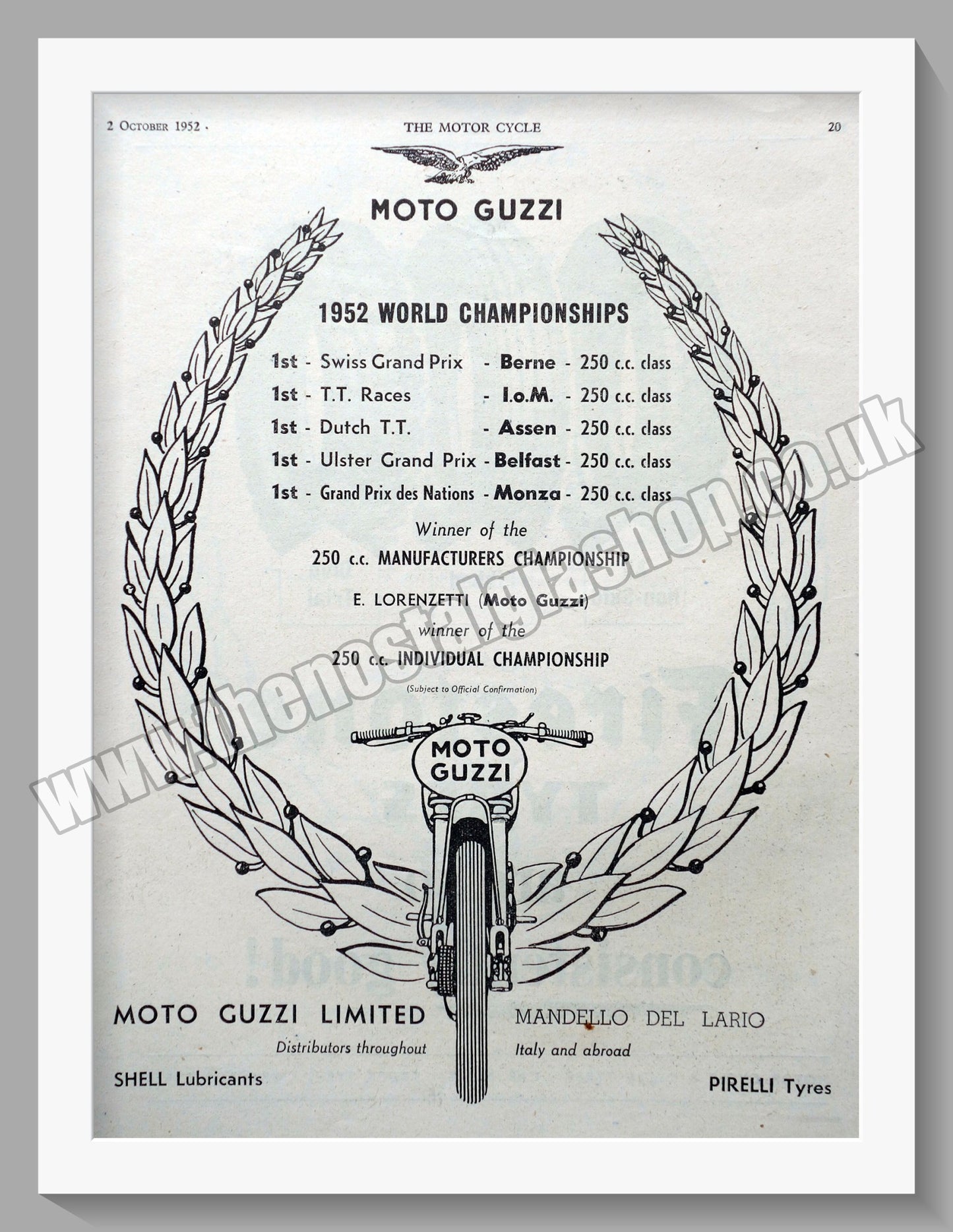 Moto Guzzi Motorcycles. 1952 World Championships. Original Advert 1952 (ref AD56706)